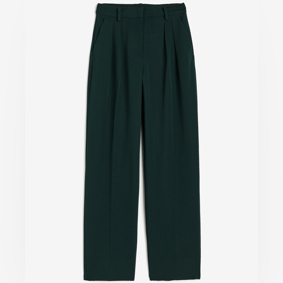H&M| Dark Green High Waisted Pleated Wide-Leg Office Trousers Sz 4 - Picture 3 of 9